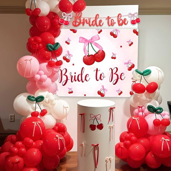 Pink Cherry Bow Knot Bridal Shower Party Balloon Decor Set - Glitter Banner, Backdrop, Balloons, and Ribbons