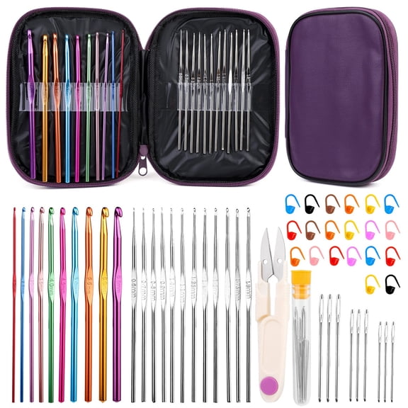 Emlimny 54 Pcs Crochet Hooks Set, Crochet Needles Set with Purple Storage Case, Ergonomic Knitting Needles Stitch Marker DIY Hand Knitting Craft Art Tools for Beginners