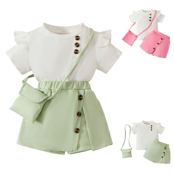 WRKEKC Girls Summer Outfits, Girls Summer Dress, Toddler Kids Girls Cute Solid Color Short Sleeve Top Shorts Skirt Bag Suit