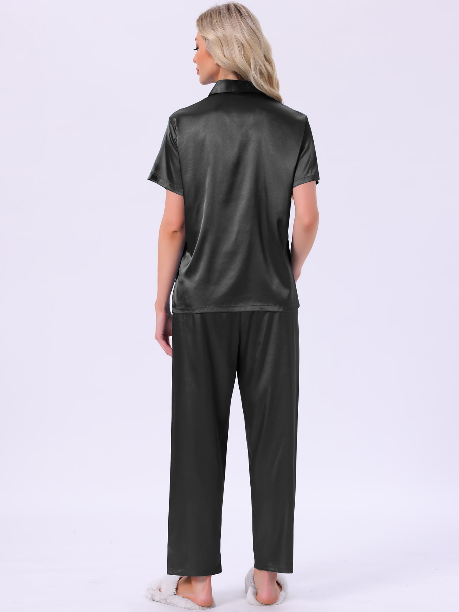 DARING DIVA Satin Pajamas Silky Button Down Short Sleeve Shirt Pants Set M Black