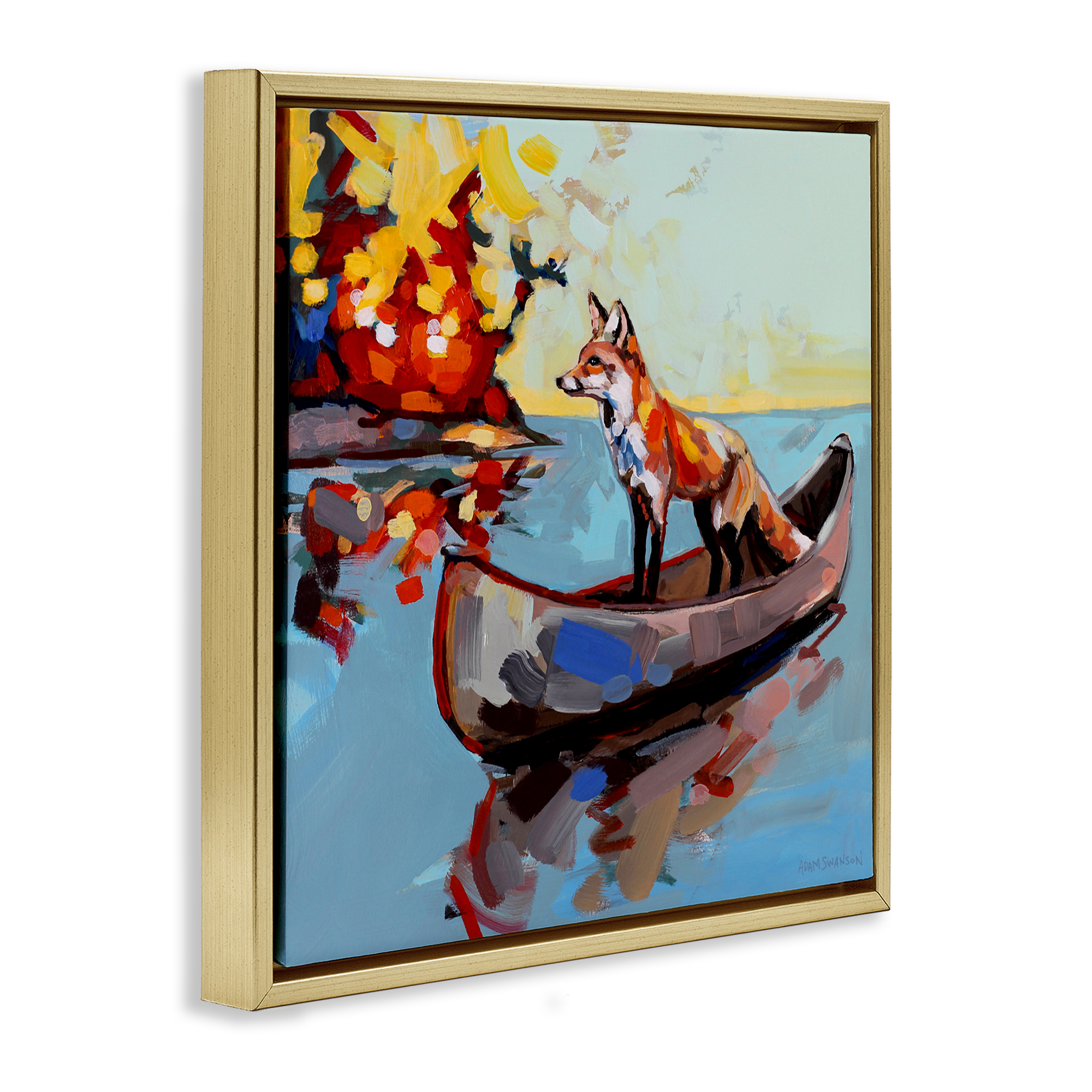 Fox's Voyage on Canoe Gold Framed Floater Canvas Wall Art, design by Adam Swanson