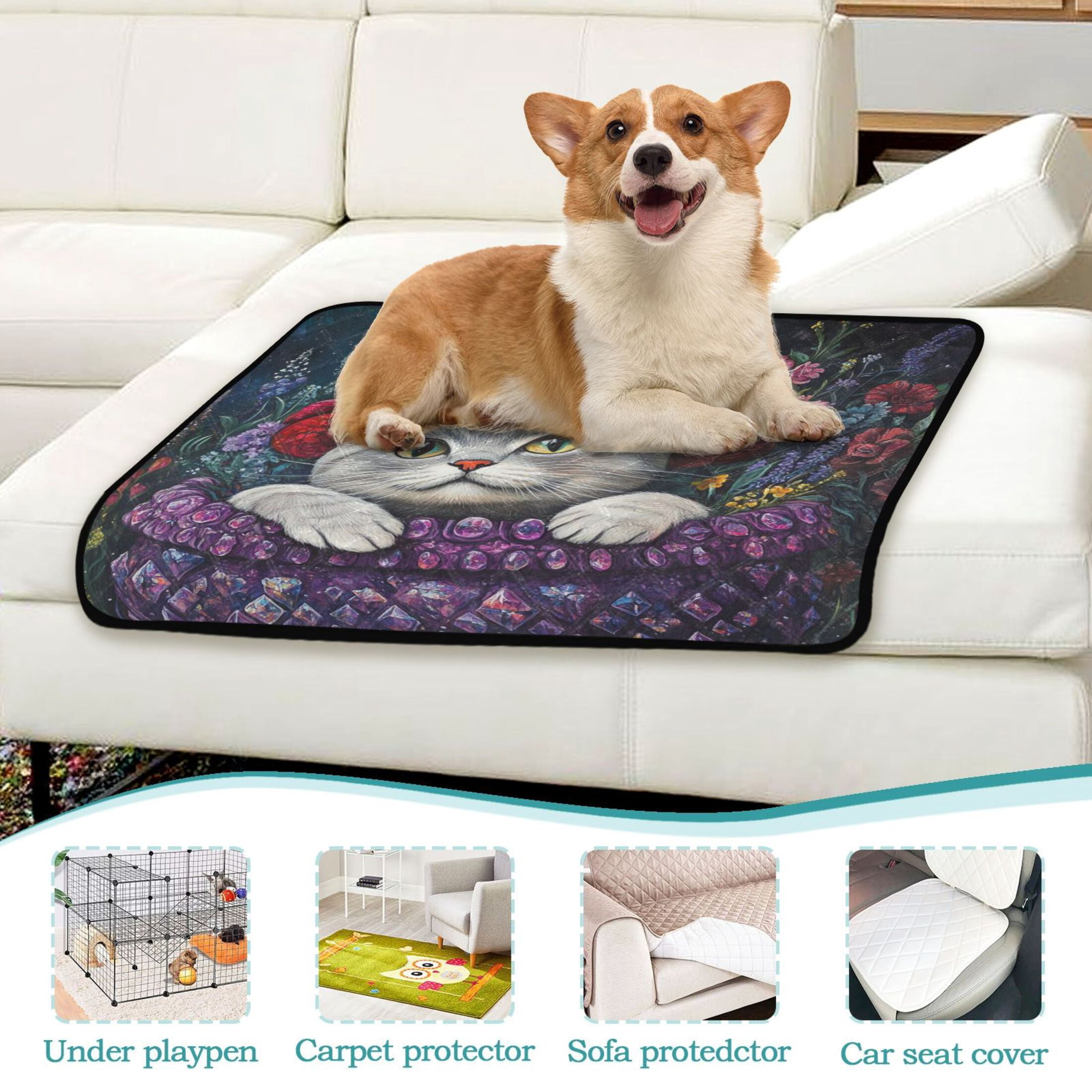 Qxltty Cute Cat Wearing Wreath Cat litter Pads Pet Set of 2 Diaper Mats Center Anti-leakage Layer Absorbent Soft and Comfortable