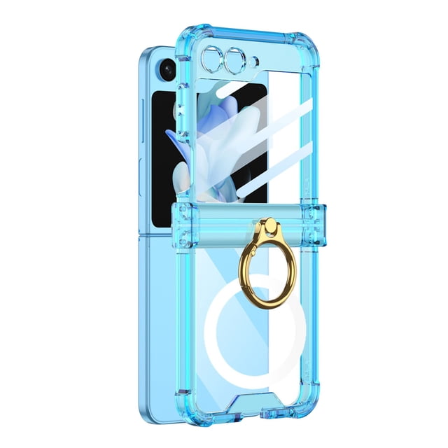 TPU + PC Material Phone Case for Samsung Z Flip5 with Cushion and Rotating Ring Stand Transparent Design 360 degree Protection Show Original Phone Appearance