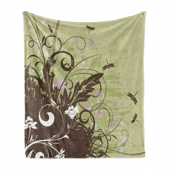 Dragonfly Soft Flannel Fleece Throw Blanket, Retro Style Flower with Grunge Effects in Vivid Tones Garden Image, Cozy Plush for Indoor and Outdoor Use, 60" x 80", Khaki Brown Lilac, by Ambesonne