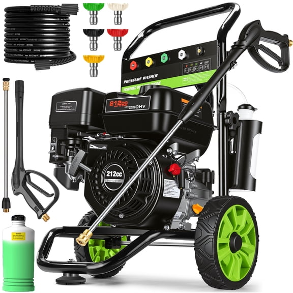 MAX 4200PSI Gas Pressure Washer, 3600RPM 4GPM 212CC 8" Wheel 25FT Hose 1L Foam Bottle 5 Tip Heavy-Duty Professional Gas Power Washer, 7.0HP Commercial Pressure Washer Gas Powered for Car Home, Black