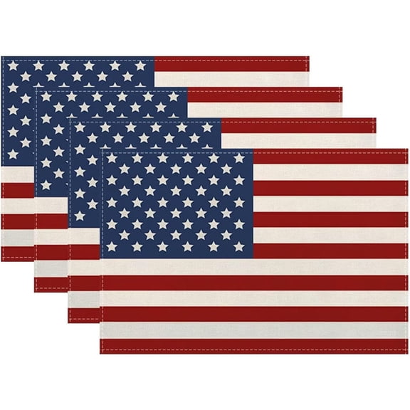 4th of July Patriotic Placemats 12x18 Inch Set of 4, American Flag Table Place Mat Independence Day Stars and Stripes Washable Table Mats Decorative Linen Fabric Table Mat for Dining Table