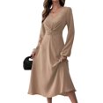 thumbnail image 3 of Vestido LaLaLin de manga larga con cuello en V y cintura torcida para mujer, maxi caqui, 3 of 7