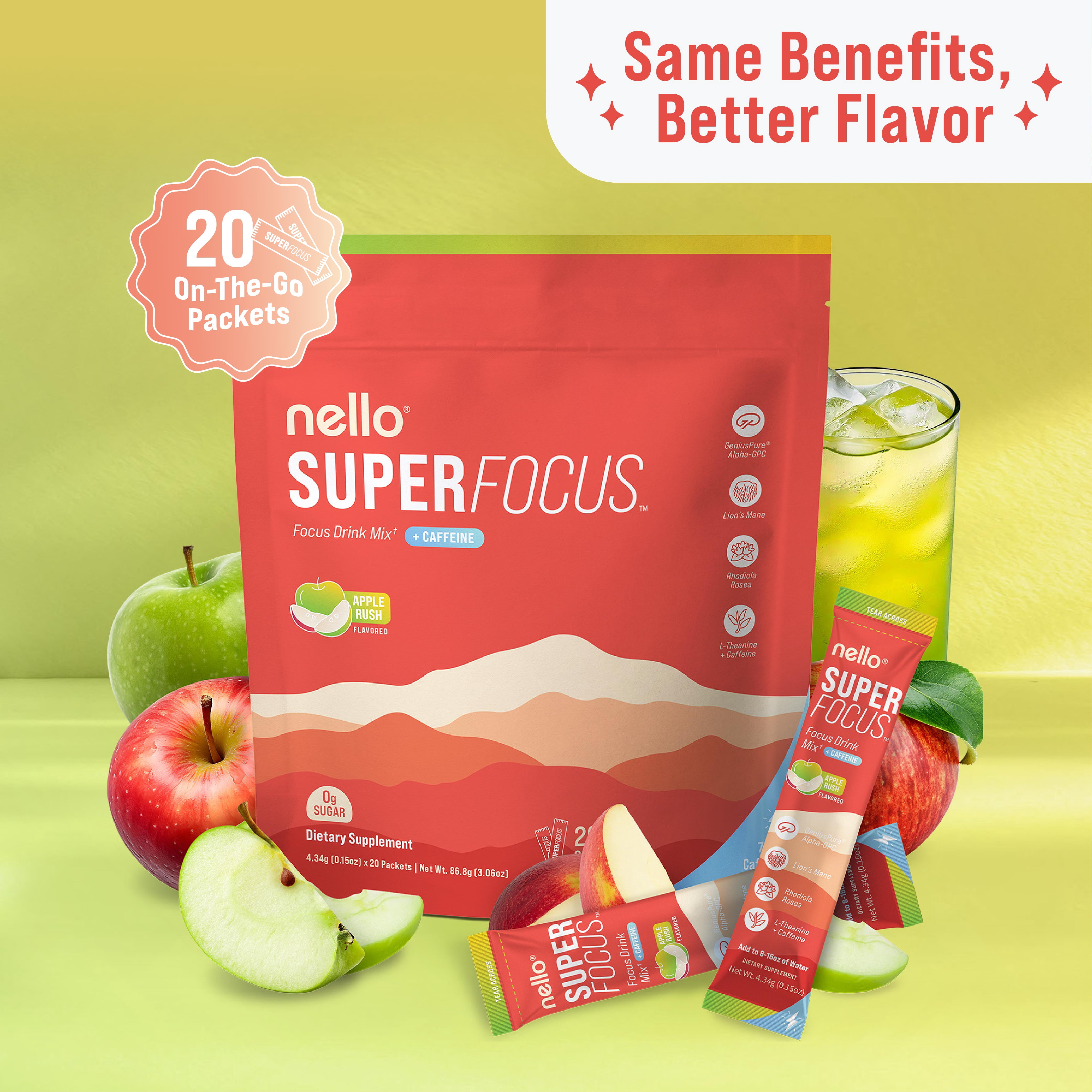Nello SuperFocus Focus Drink Mix – Fruit Punch Flavor – Alpha GPC, Lion’s Mane, Rhodiola & N-Acetyl L-Tyrosine – Sugar-Free, On-the-Go Packets – 20 Travel Packets -Apple Rush + Caffeine