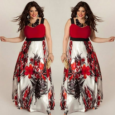 Plus Size Women Floral Printed Long Evening Party Prom Gown Formal Dress