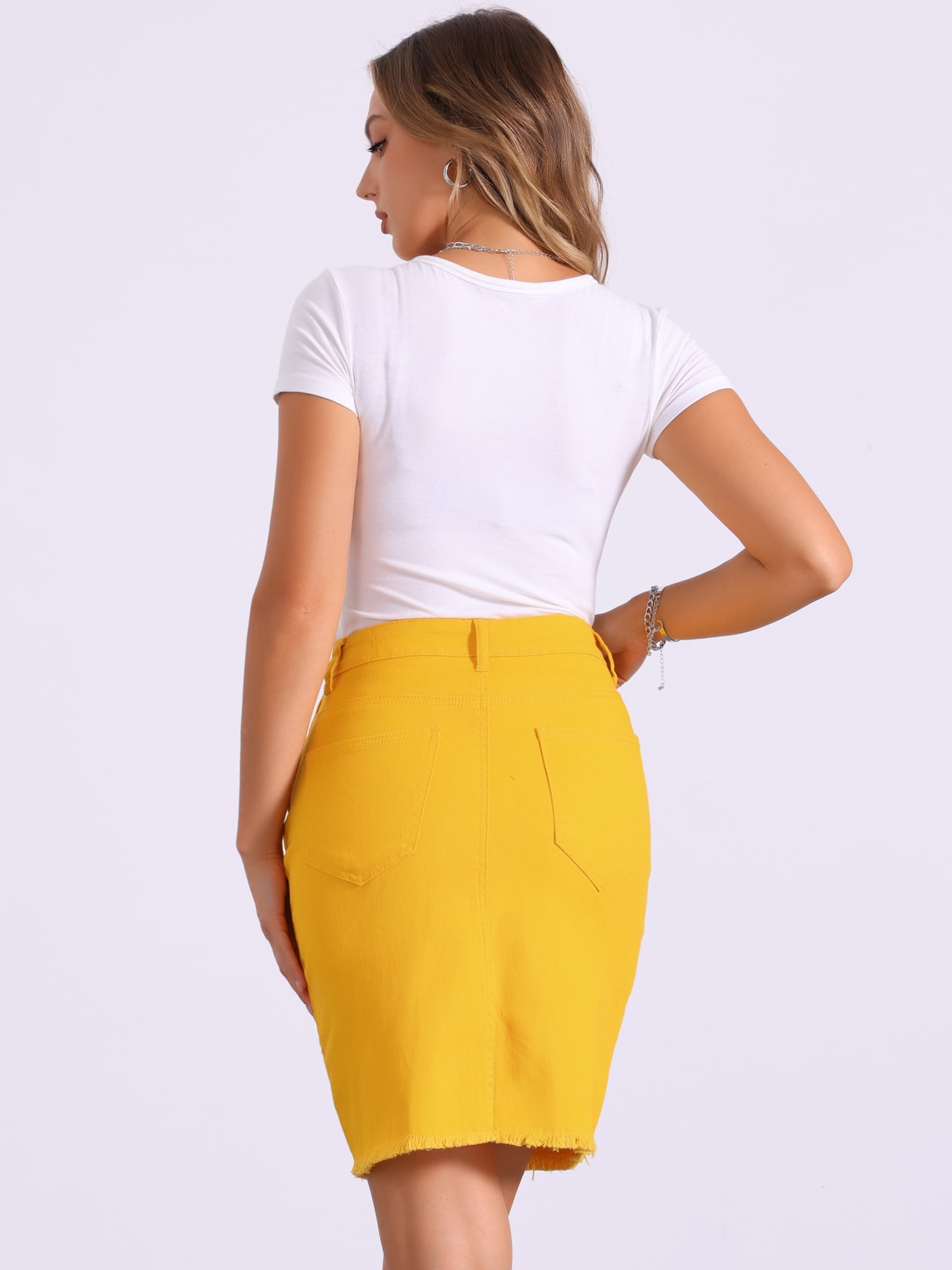 DARING DIVA Women's Ripped Hem Washed Jeans Denim Skirt M Yellow