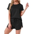 thumbnail image 1 of INSPIRAR CHIC Conjunto de Pijama de Satén de Mujer, Top de Cuello Redondo de Manga Corta con Bolsillo Frontal y Pantalones Cortos con Cuerda para Dormir L Negro, 1 of 5
