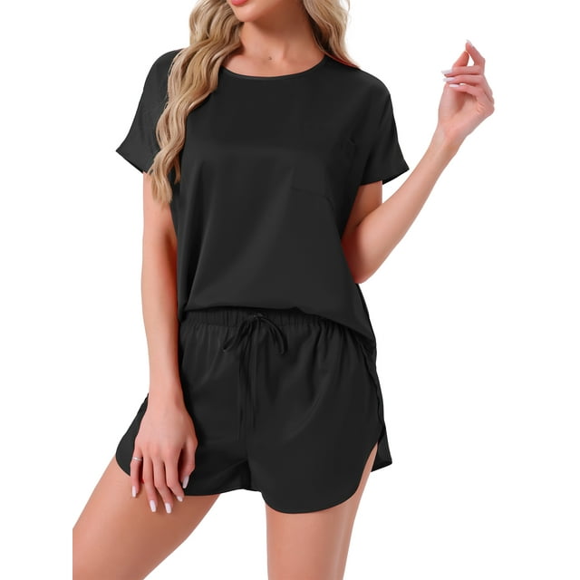 INSPIRAR CHIC Conjunto de Pijama de Satén de Mujer, Top de Cuello Redondo de Manga Corta con Bolsillo Frontal y Pantalones Cortos con Cuerda para Dormir L Negro
