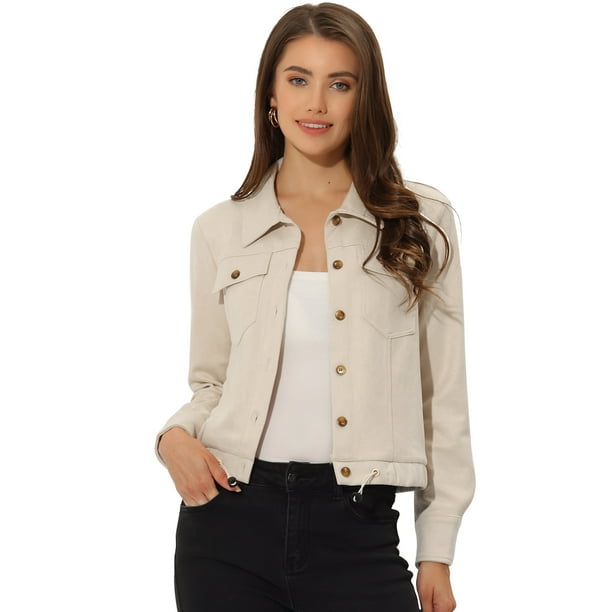 Chaqueta de Motociclista Allegra K con bolsillos Planos y Cuello Puntiagudo Beige XS