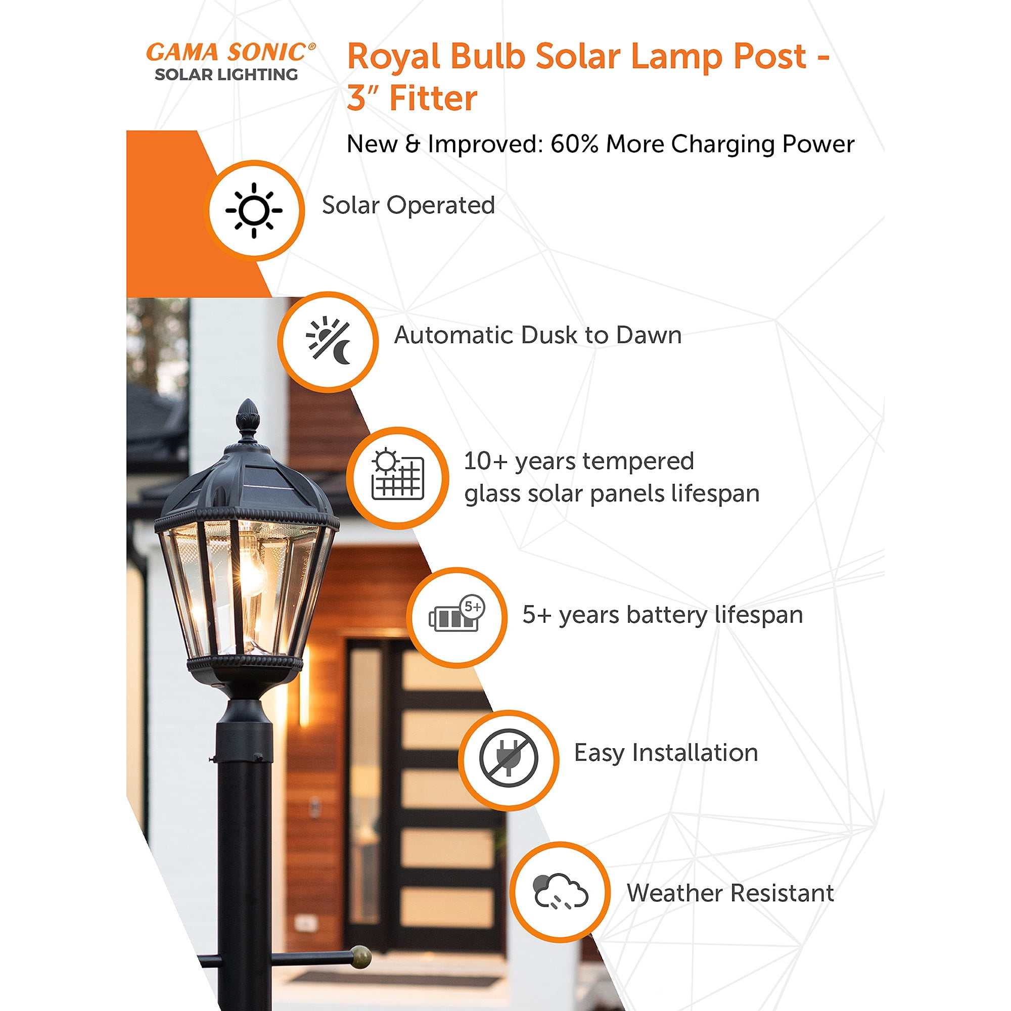 Gama Sonic Outdoor Solar Post Light, Black Aluminum, Royal Bulb, Beveled Glass, Single Lamp with 3-inch Fitter for Lamp Posts or Pier Mount (Sold Separately) Warm White LED, 98B012