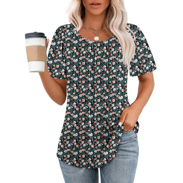 Lydiaunistar Hauts d'Été pour Femmes Imprimé Floral T-Shirt Décontracté Col Rond Manches Courtes Usage Quotidien Fête Haut 95 % Polyester 5 % Élasthanne Taille Réelle