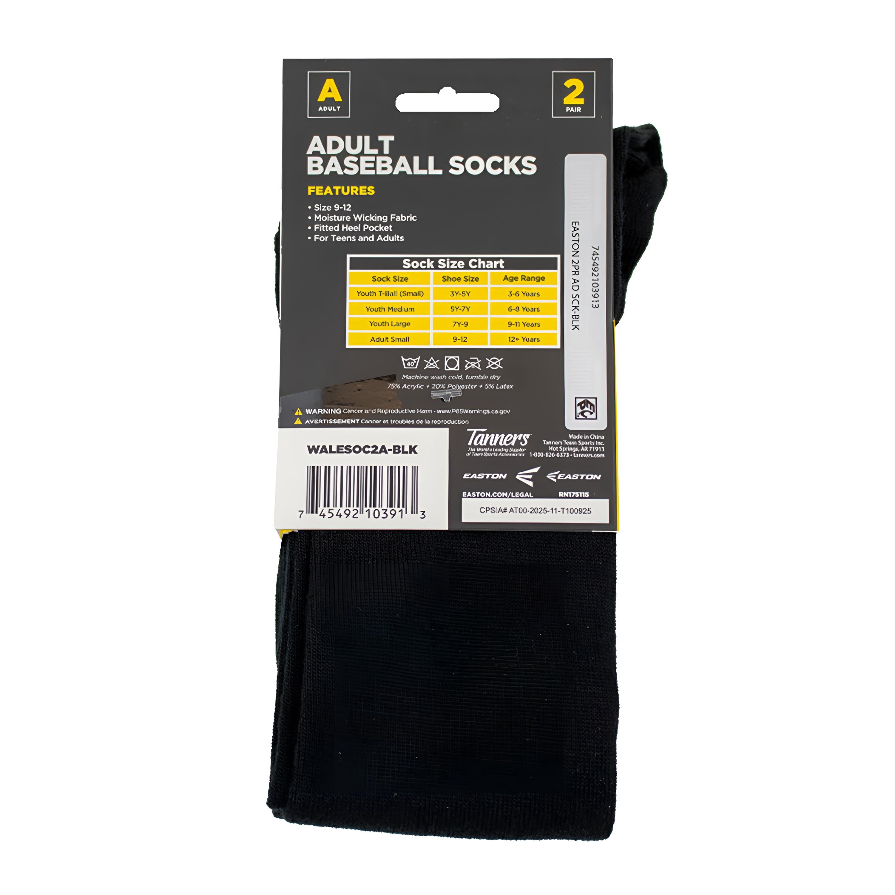 Easton Youth Baseball Socks, 2 Pair (Adult/Black)