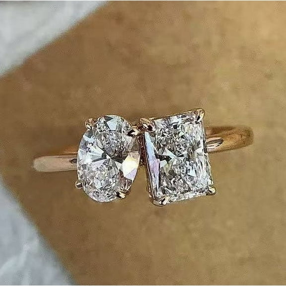 solitaire jewels 4CT Oval and Radiant Moissanite Toi Et Moi Engagement Ring For Women, 14K Yellow Gold