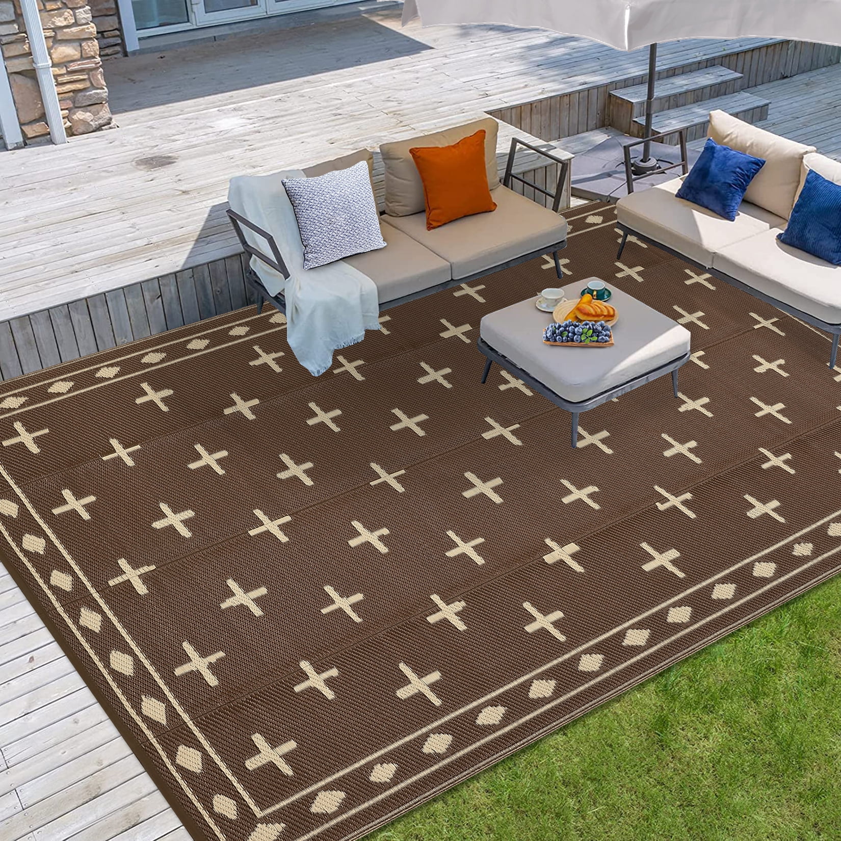 Volkmi Reversible Geometric Outdoor Rug – Waterproof, UV Resistant Low-Pile Plastic Mat for Patio, Garden, Camping, Easy to Clean, Large 8x10ft, Peony Brown/Coffee, USA Specs