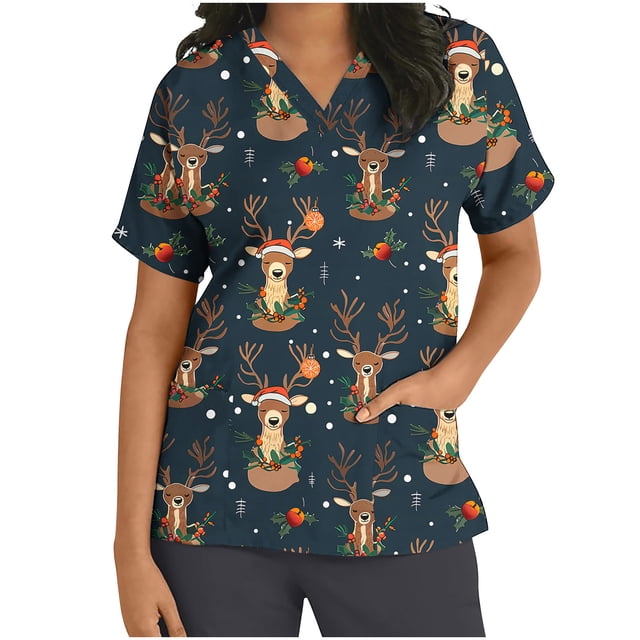 Hauts de Noël pour Femmes, Imprimé Xmas Drôle, Manches Courtes, Anti-Rides, Col en V, Uniforme de Soins Infirmiers avec Poches