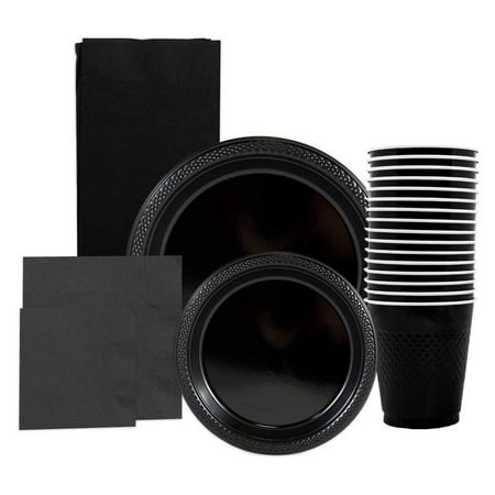 JAM Party Supply Assortment, Black, 6/Pack, Plates (2 Sizes), Napkins (2 Sizes), Cups (1 Pack) & Tablecloth (1 Pack)