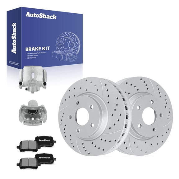 AutoShack Front Vented Drilled & Slotted Coated Brake Rotors Silver Matte Finish   Ceramic Pads   Calipers 8-PC Brake Kit Replacement for 2004-2006 Chevrolet Malibu TurboGuard 11.65" (295.8 mm)