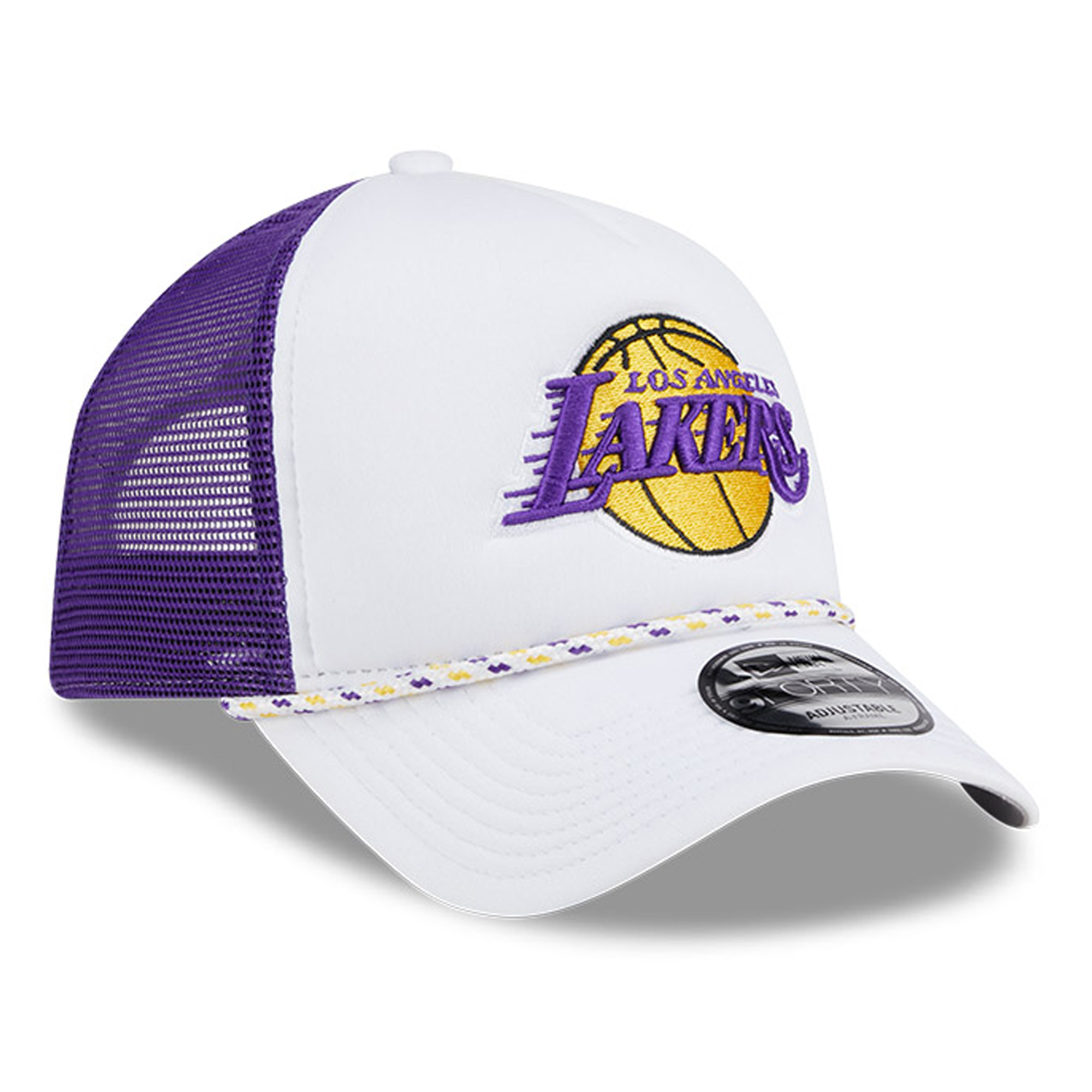 Men's New Era White/Purple Los Angeles Lakers Court Sport Foam A-Frame 9FORTY Adjustable Trucker Hat