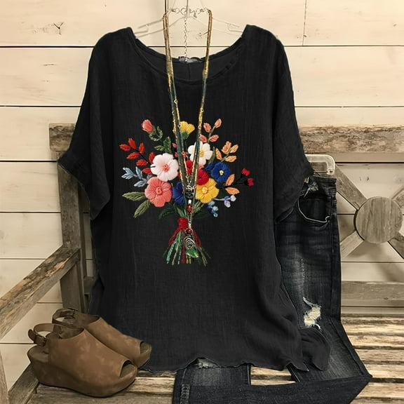 Fengqque 2025 Linen Blend Women's Fashion Print Raglan Sleeve Crew Neck Loose T-Shirt