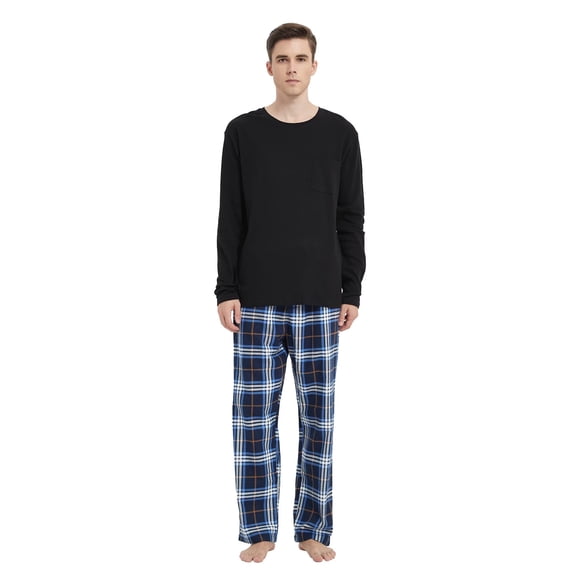 GLOBAL Conjunto de Pijama de Franela y Playera de Manga Larga para Hombre 100% Algodón Azul Marino a Cuadros M