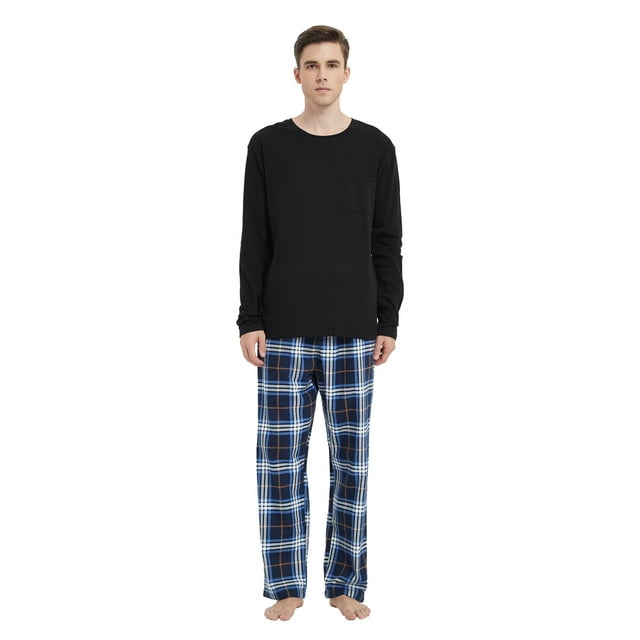 GLOBAL Conjunto de Pijama de Franela y Playera de Manga Larga para Hombre 100% Algodón Azul Marino a Cuadros XL