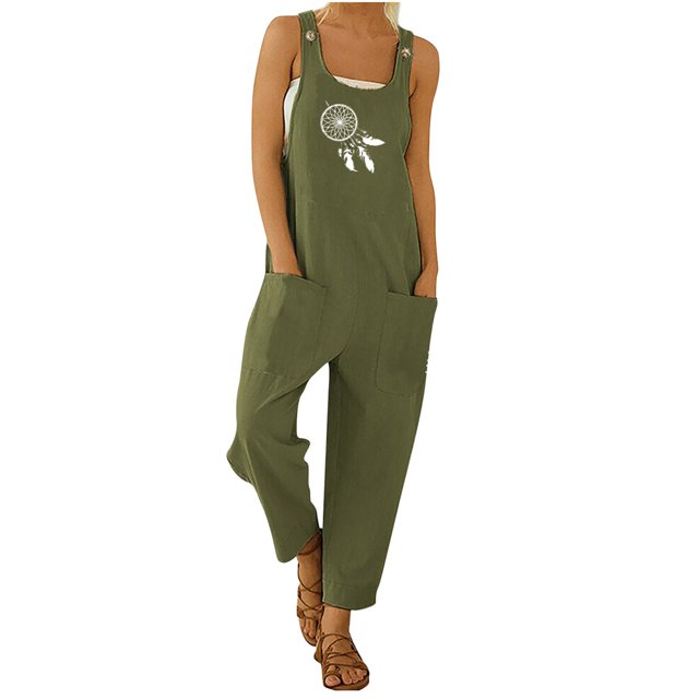 Mono de Tirantes de Bolsillo Con Botones de Impresión de Estilo Étnico de Moda Para Mujer Odeerbi ODB-6