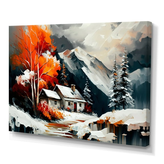 Designart Monochrome Orange Cottage In Winter III Canvas Wall Art