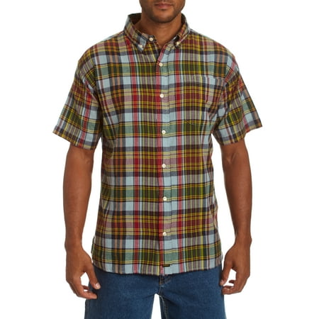 Stanley Men's short sleeve indigo overdyed plaid shirt.