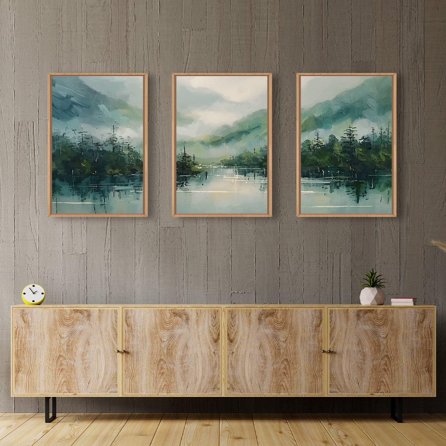 Large Geen Forest Mountain Framed Canves Wall Art Set,Misty Watercolor Artwork,Abstract Modern Nature Pine Tree Landscape Painting for Living Room,Bedroom,Office-16''x24''x3