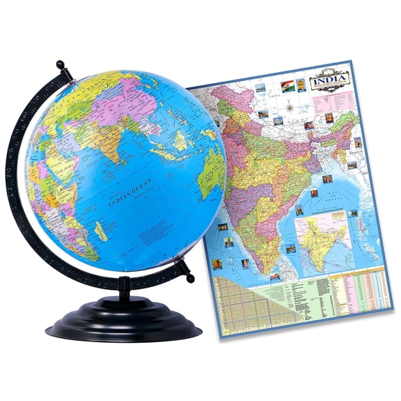 Educational Globe - 15 Inch Height Metal Base + India Political Map (70 X 100 Cm) - Home & Office Decor, World Globe For Gifting & Learning
