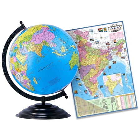 Educational Globe - 13 Inch Height Metal Base + India Political Map (70 X 100 Cm) - Home & Office Decor World Globe For Gifting & Learning
