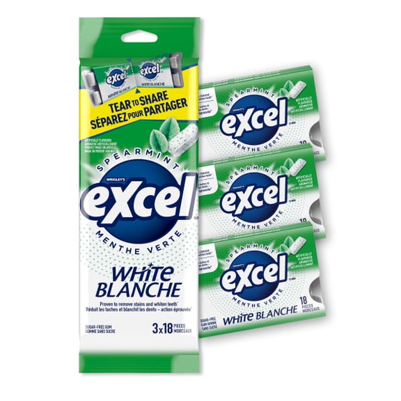 EXCEL White Spearmint, Teeth Whitening Sugar Free Chewing Gum, 18 Pieces, 3 packs