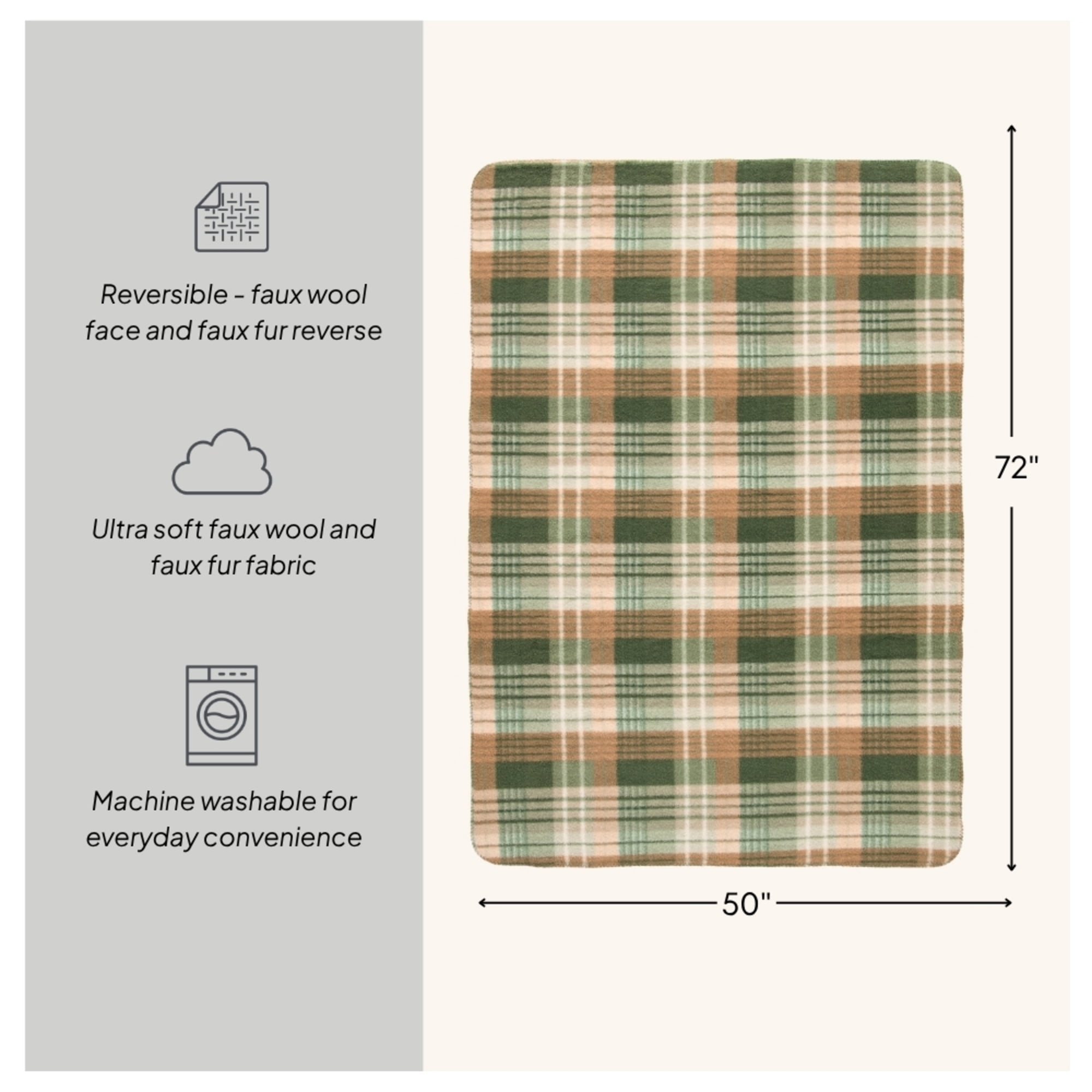 Better Homes & Gardens Green Plaid Faux Wool Reverse to Faux Fur Throw, 50" x 72"