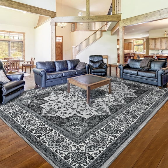 Area Rug for Living Room, Machine Washable Grey Rugs for Bedroom, 6x9Ft Non-Slip Vintage Carpet for Office Dining Room Nursery Farmhouse