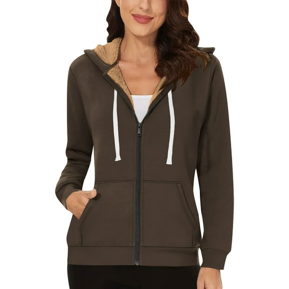 Meihcang Sherpa Hoodies for Women Full Zip Up Fleece Jacket Tunic Sweatshirts Solid Long Sleeve Drawstring Warm Outerwear with Pockets Khaki S