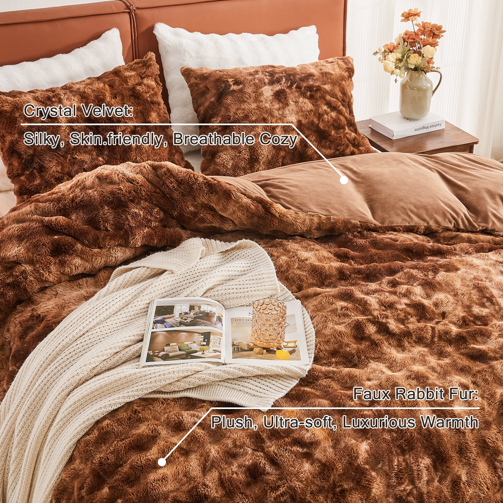 EMME Faux Fur Duvet Cover Queen Size, 3 Pieces Ultra Soft Fluffy Comforter Cover, Cozy Warm for Winter, Luxury Shaggy Bubble Bedding Sets , 1 Duvet Cover & 2 Pillow Shams (Queen, Tie Dye Brown))