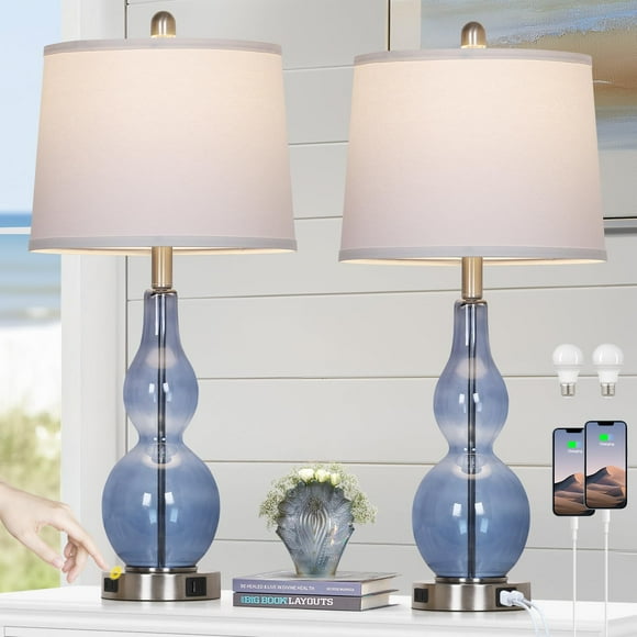 Lámpara Rinweey de Vidrio Azul en Forma de Calabaza Doble de 27.5" con Control Táctil y Puerto USB - Juego de 2