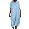 thumbnail image 2 of GaThRRgYP Plus Size Summer Maxi Dress for Women,Women's Solid Color Lapel Doll Tie Pocket Loose Casual Cotton and Linen Dress Blue S, 2 of 6