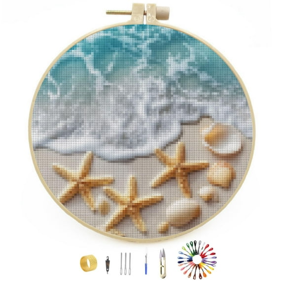 DIY Stamped Cross Stitch Kits Beach Starfish and Shells Easy for Beginners with Hoop 11CT Counted Embroidery Needlepoint Crafts Arts for Handmade Enthusiasts and Home Decor 30x30cm(5)