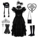 thumbnail image 1 of Vestido de miércoles Addams, disfraz de Cosplay para niños y niñas, vestidos negros de fiesta, collar y máscara, 1 of 3