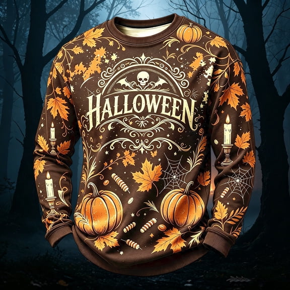 Halloween Sweatshirt Men Pumpkin Ghost Printed Casual Vintage Long Sleeve Crew Neck Shirts Fall Winter Stylish Breathable Comfy Top Brown 3XL