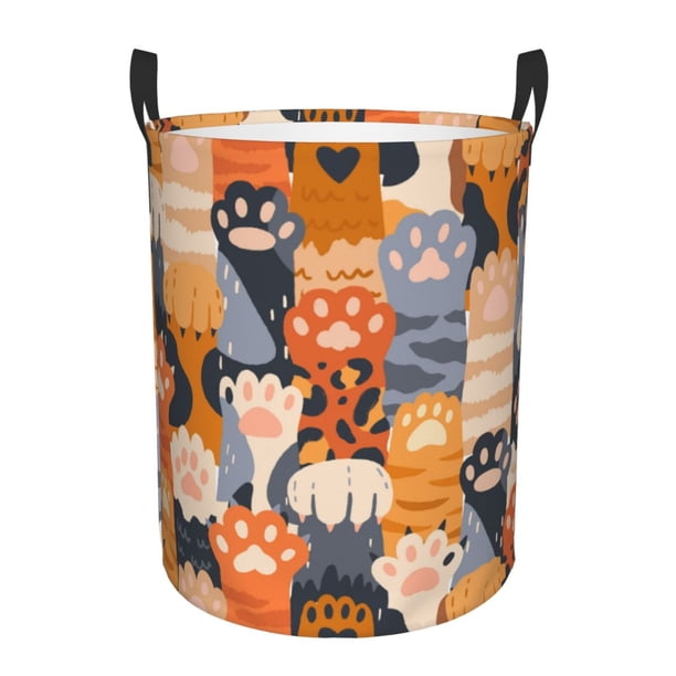 Balery Cute Cat Paw Cesta de ropa redonda con asas, impermeable, independiente, para ropa, juguetes, dormitorio y familia-Medium