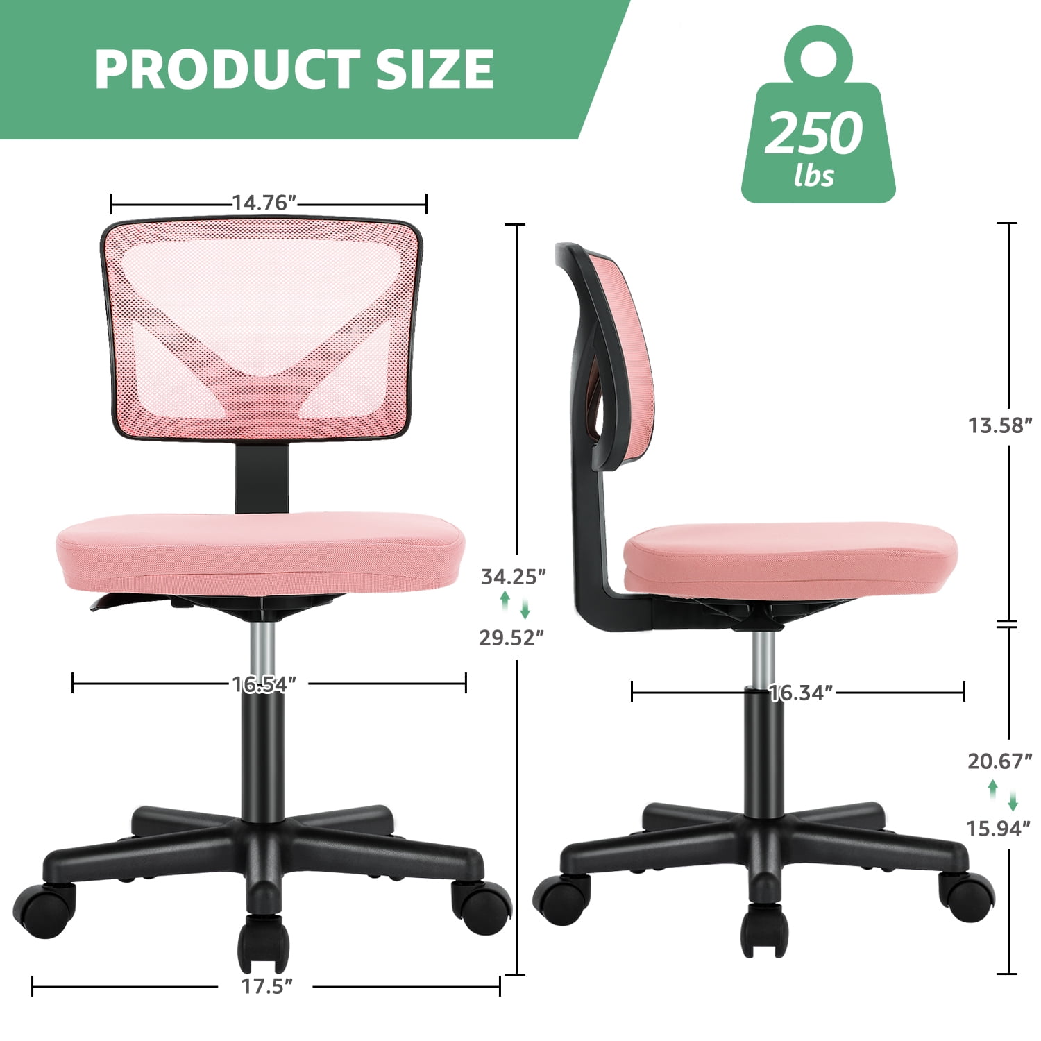 JOINSUN Armless Desk Mesh Office Chair, Adjustable Height Ergonomic Low Back Vanity Task Desk Chair with Wheels, Pink