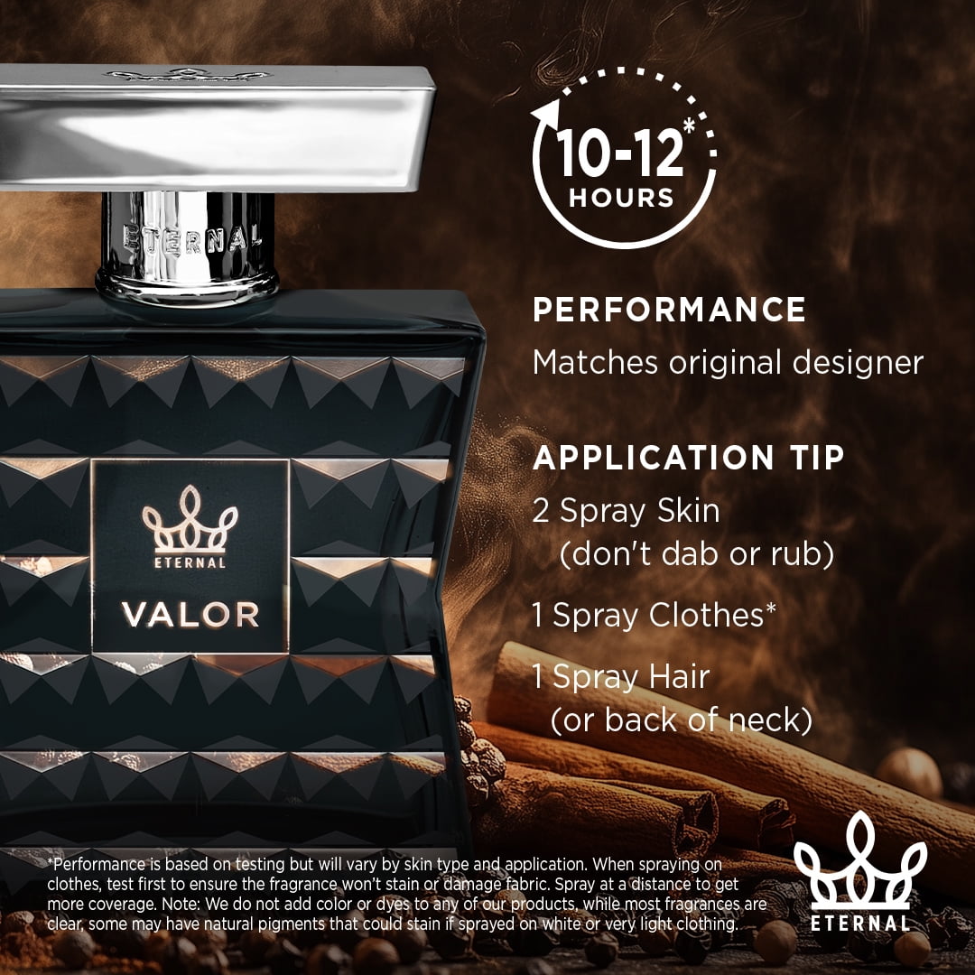 Eternal Fragrance VALOR, Warm Spicy Vanilla Woody Eau de Parfum, Inspired by SpiceBomb Cologne for Men, 3.4 oz (100ml) Spray