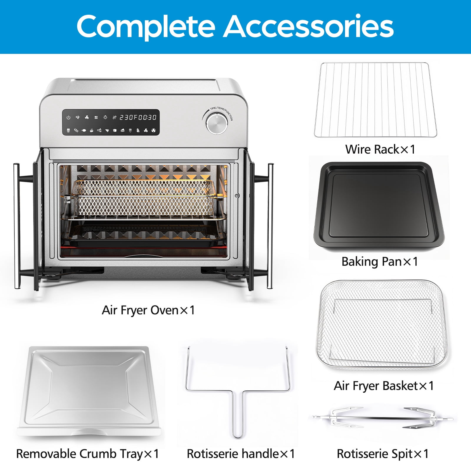 OSTBA 10‑in‑1 French Door Air Fryer Toaster Oven Combo, 24QT Countertop Convection Oven with 102 Recipes & 7 Accessories, 30% Faster Cooking, 90% Less Oil, Stainless Steel