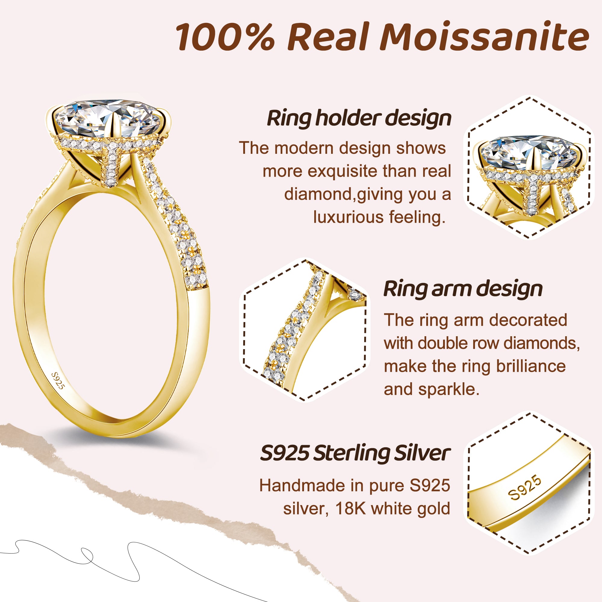Aurora&Fiori 1.5CT Moissanite Engagement Rings for Women, S925 Sterling Silver with 18K Yellow Gold Plated Promise Wedding Ring Size9